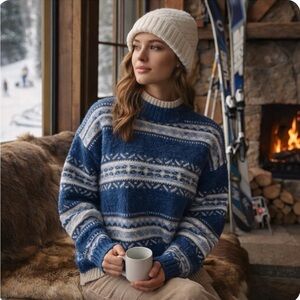 Vintage Liz Wear Y2K Cotton Fair Isle Nordic Sweater sz M Mock Neck Apres-ski